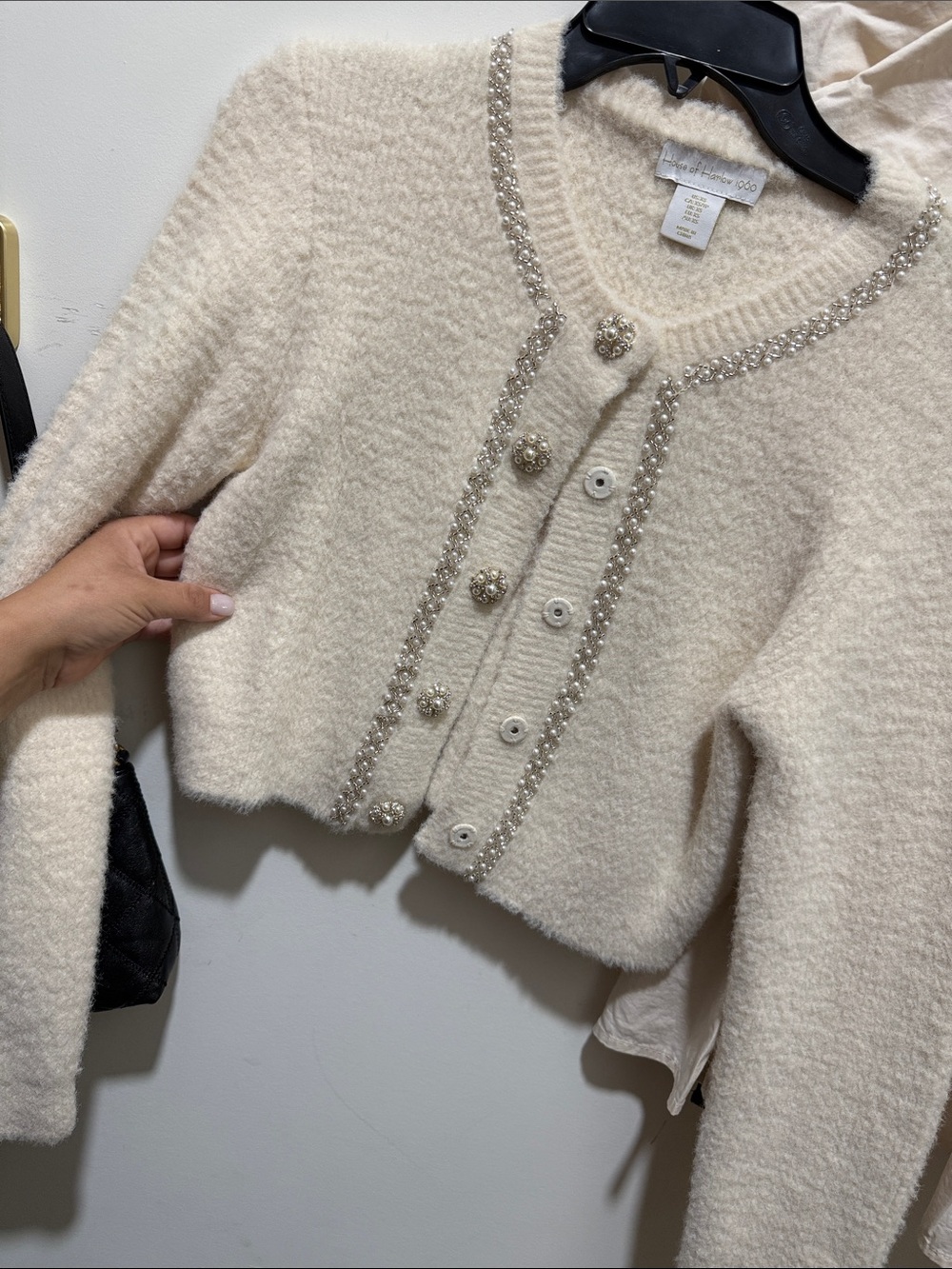 House of Harlow 1960 Cream Pearl-Trim Cropped Cardigan